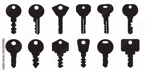Collection of twelve black key silhouettes with varying shapes and intricate cut patterns displayed vector design