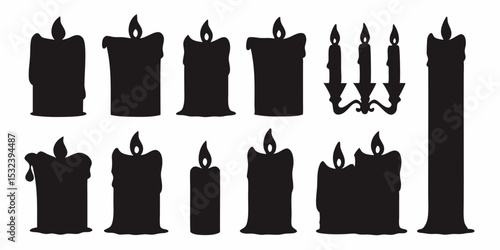 Silhouette illustration showing a collection of various candles and a candelabra on a white background vector design