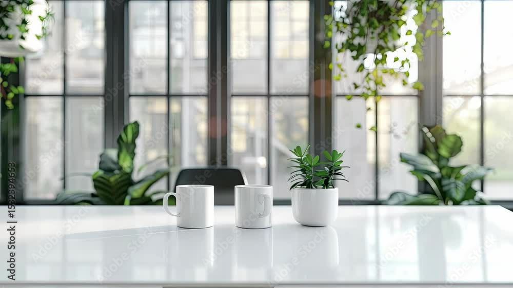 A stylish indoor workspace showcases a white table with two mugs and a small potted plant amidst lush greenery and large windows A stylish indoor workspace showcases a white table with two mugs and a small potted plant amidst lush greenery and large windows
