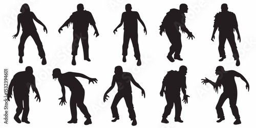 Silhouettes of ten zombies in various poses walking with outstretched arms in a spooky illustration vector design
