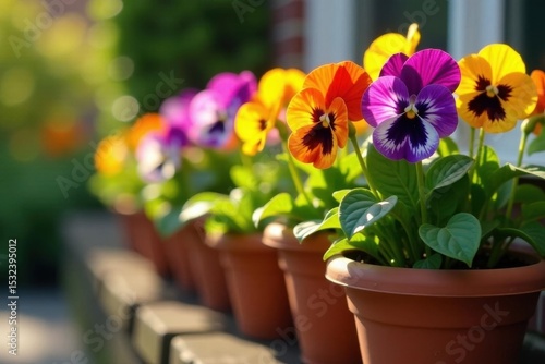 Vibrant pansies bloom in terracotta pots, sunny garden , pot, vibrant colors, artwork