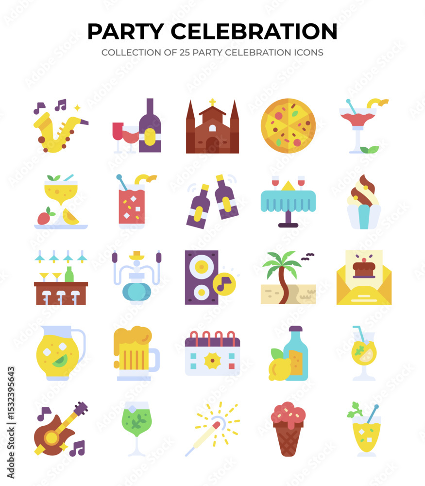 Fototapeta premium Party Celebration Icons. 25 Flat Style Colorful Vector Icons