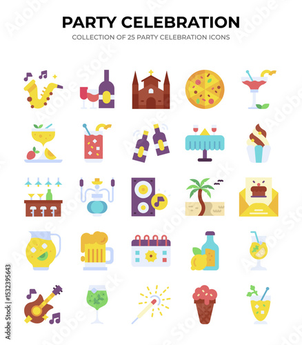 Party Celebration Icons. 25 Flat Style Colorful Vector Icons