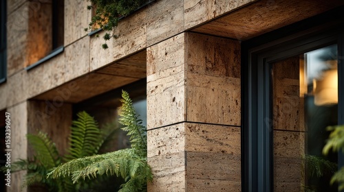 Contemporary building facade with natural stone cladding and lush greenery