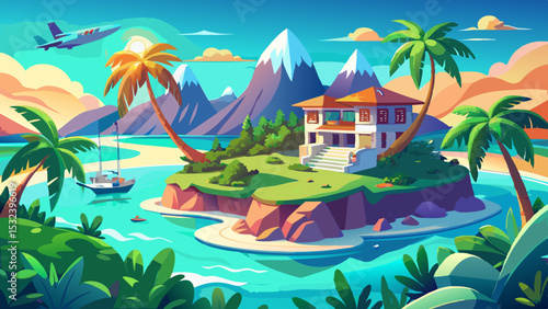 In a dreamlike vacation background, travel concept unfolds gently. Aerial drone view shows beautiful Caribbean tropical island with lush palms, glistening turquoise water—perfect scenery in banner wid