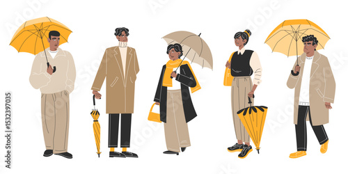 Stylish Autumn Outfits for Men and Women with Dark Skin Tones in Cosy Casual Businesswear. Full Body Fashion Illustrations