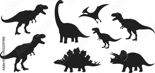 Dinosaur silhouette vector collection, prehistoric animal illustration, T-Rex, Triceratops, Stegosaurus, Brachiosaurus, flying Pterodactyl clipart, black dinosaur shapes