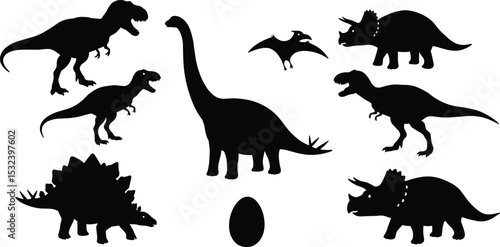 Dinosaur silhouettes collection with T-Rex, Triceratops, Stegosaurus, Pterodactyl, Brachiosaurus and dinosaur egg vector set for educational designs