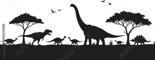 Dinosaur landscape silhouette with trees, flying birds, prehistoric animals walking, black vector illustration for kids, nature scene, clipart bundle