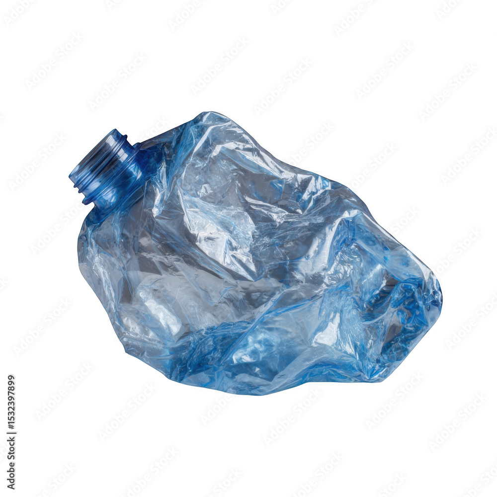 Obraz premium A crumpled blue plastic water bottle isolated against a black background in a studio shot view