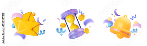 Vector festive 3D set with letter, hourglass and bell surrounded by confetti, streamers and coins. Symbols of bonuses, notifications, subscriptions, promotions, mailings and reminders.