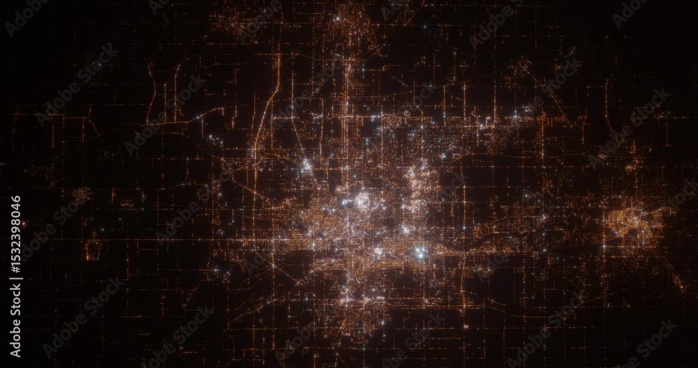 South Bend (Indiana, USA) aerial view at night. Top view on modern city with street lights. Camera is flying above the city, moving backward South Bend (Indiana, USA) aerial view at night. Top view on modern city with street lights. Camera is flying above the city, moving backward