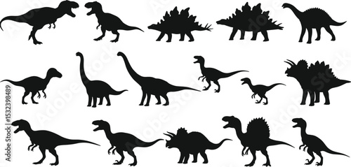 Set of dinosaur silhouette icons, black vector illustrations of prehistoric reptiles, Jurassic era dinosaur collection, extinct animals, wild creature graphics