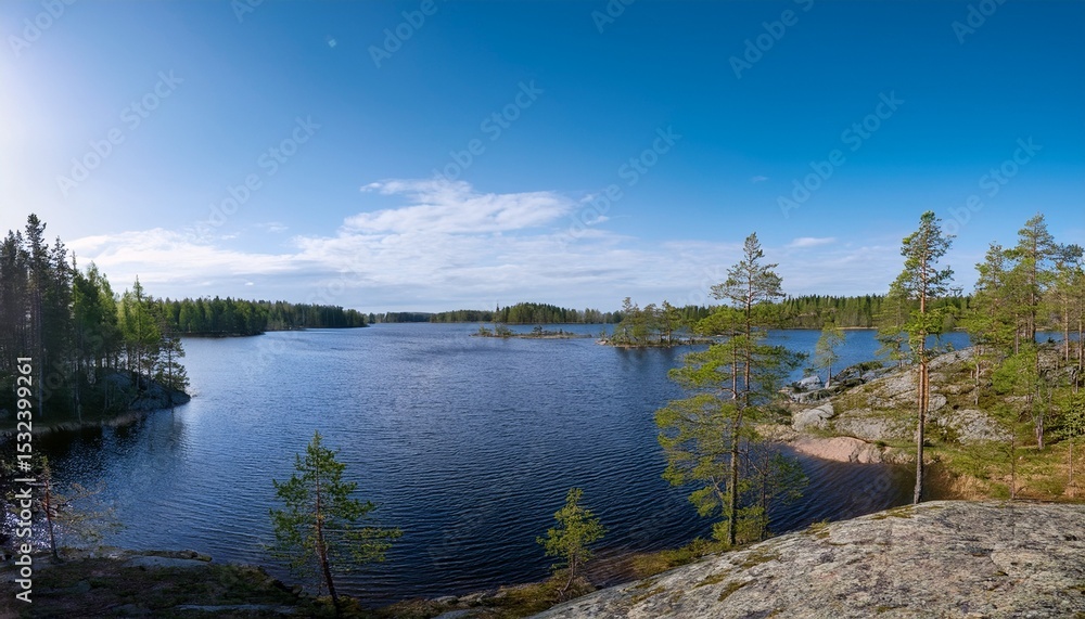 view of lake meiko area in spring rocks pine trees and lake kirkkonummi finland view of lake meiko area in spring rocks pine trees and lake kirkkonummi finland