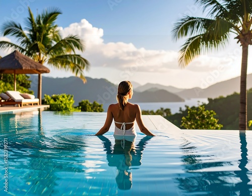 Woman relaxing in infinity pool, tropical view