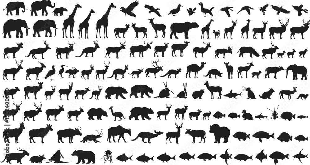 Naklejka premium Wild animal vector silhouettes collection including forest mammals, birds, fish, reptiles, perfect for nature design, educational, wildlife illustrations