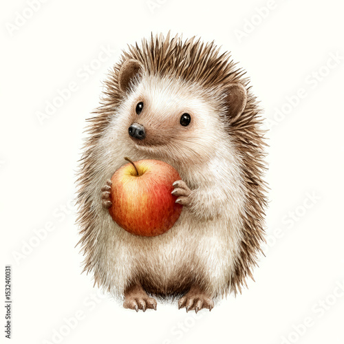 Cute hedgehog holding a red apple in his paws. Watercolor illustration on a white background. Square. AI generated