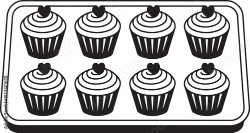 Tray with freshly baked cupcakes, simple black and white baking vector