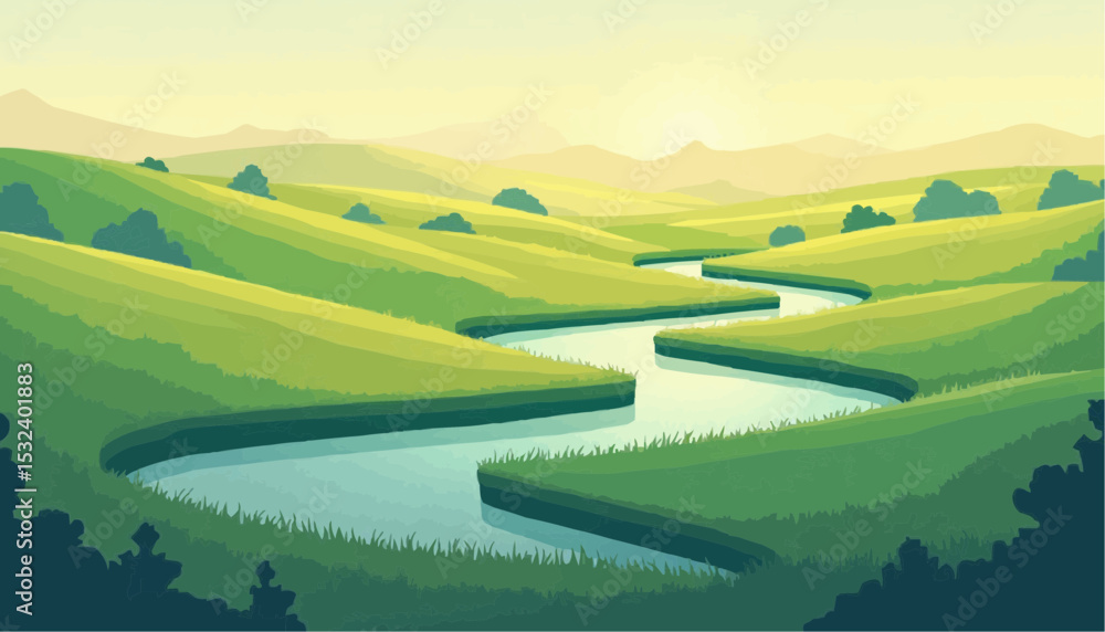 Landscape with River, Green Hills and Mountains Landscape with River, Green Hills and Mountains