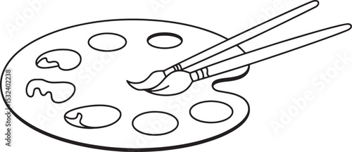 Artist palette with paint and brushes, black and white line drawing vector