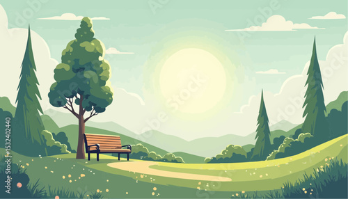 Park landscape with bench, sun and green trees