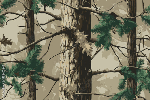Pine Tree Forest Camouflage with Real Tree Branches and Leaves for Hunting and Military Use. Hunting Camouflage pattern. Seamless design. Jungle texture background. Vector