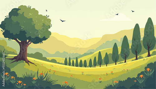 Landscape with Tree Hills and Flowers