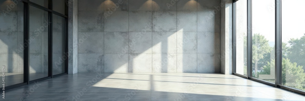 Empty modern conference room, glass wall, concrete backdrop, workspace, empty, open plan Empty modern conference room, glass wall, concrete backdrop, workspace, empty, open plan