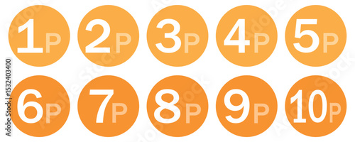 Orange UK Pence Coin Icons. 1p to 10p Vector Set in Circular Format.