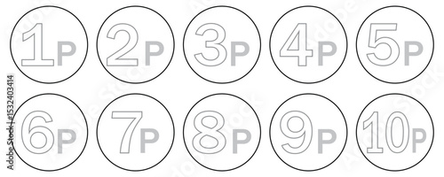 Outlined UK Pence Coin Icons. Minimalist 1p to 10p Circular Vector illustration Set.
