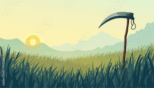 Scythe in Grassy Field with Sunset Mountains