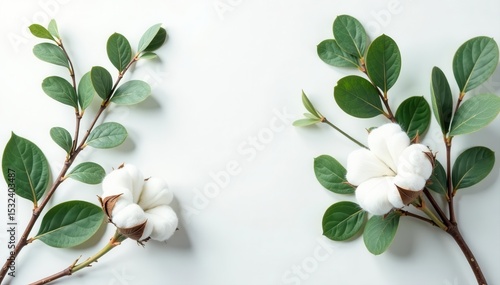 Green eucalyptus & fluffy cotton blooms arranged on white , eucalyptus, greeting card