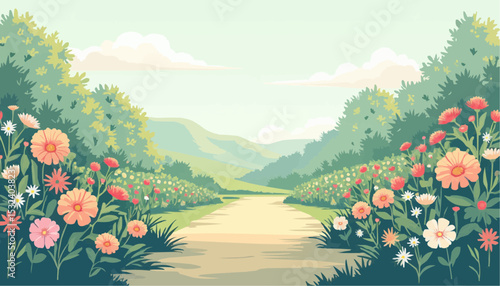 Flower lined path through green trees to distant mountains