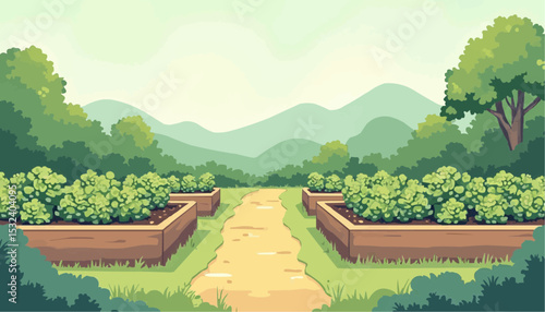 Garden Landscape with Path and Raised Beds