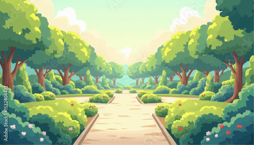 Cartoon Park Illustration with Trees and Path