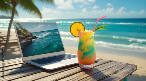 Laptop and Colorful Cocktail on Tropical Beach Table