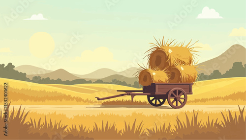 Hay cart in field rural illustration