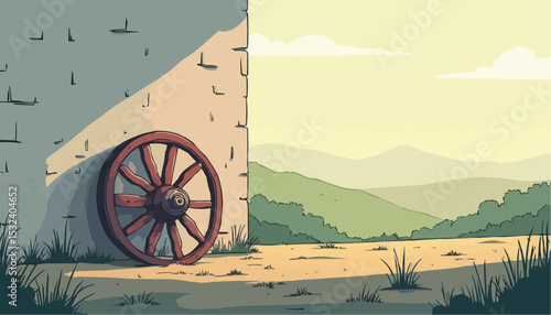 Old Wheel Leaning Against Brick Wall with Landscape