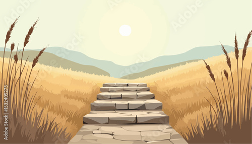 Stone Steps Leading to Mountains Landscape Background