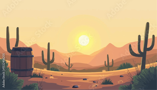 Desert landscape with cactus and barrel