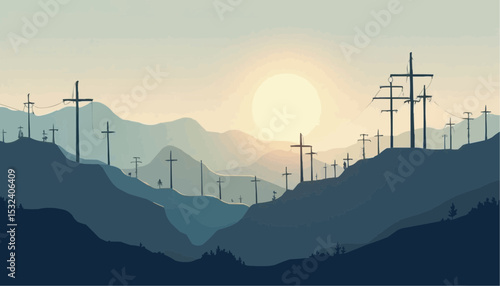 Mountain with Powerlines and Sun Illustration