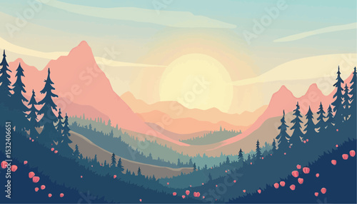 Mountain Range with Rising Sun and Trees
