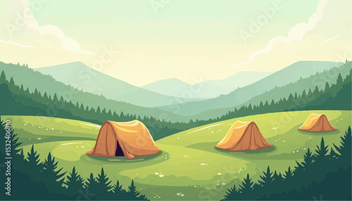 Tent in Green Meadow, Mountain Landscape