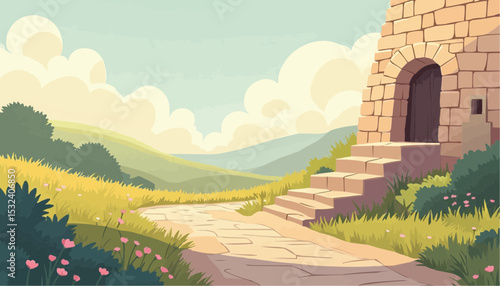 Stone Building with Path Landscape