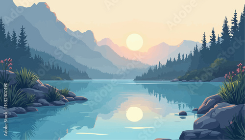 Mountain lake view with forest landscape