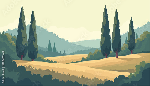 Tuscan Landscape Illustration with Cypress Trees