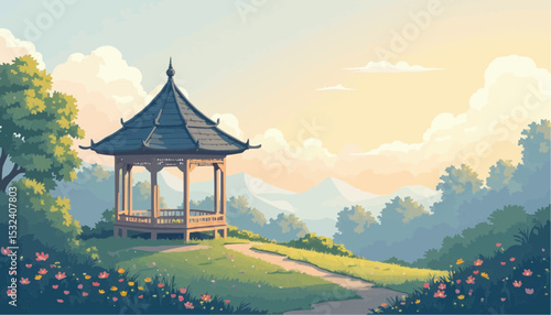 Gazebo in nature landscape with mountain