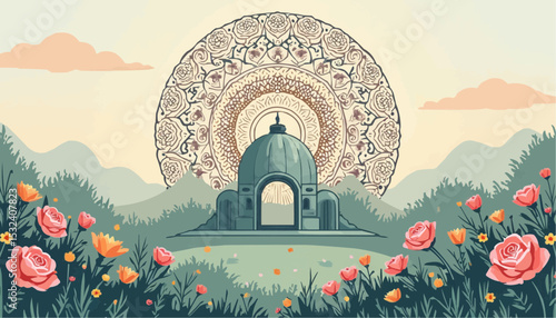 Garden pavilion with floral mandala in nature