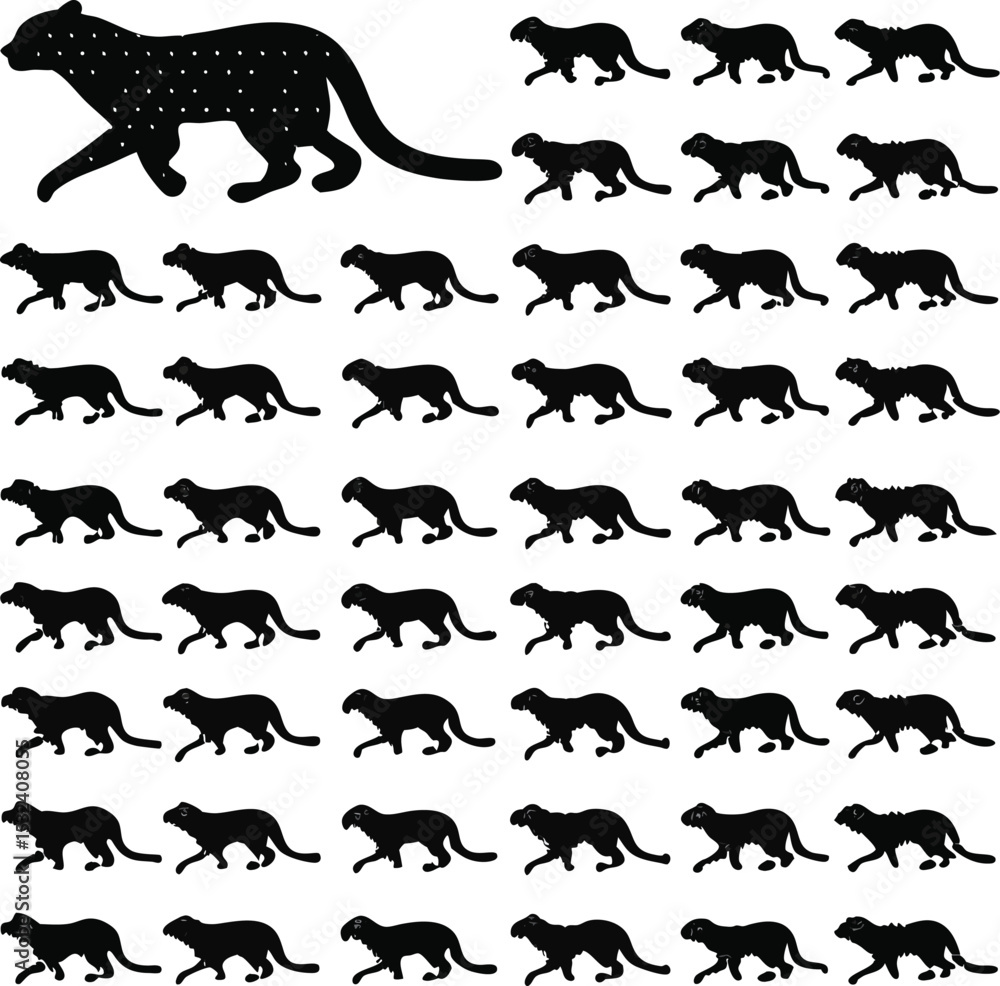 Silhouette of a leopard and many leopard silhouettes in black Silhouette of a leopard and many leopard silhouettes in black