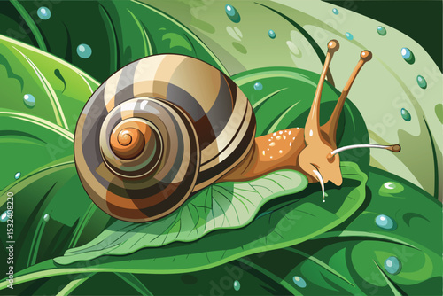 A slow, slimy snail with a brown, spiral shell crawls on a wet leaf in a close-up macro shot of this garden animal